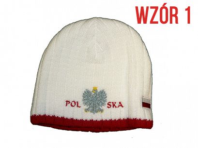 Czapka zimowa Polska 2 wzory grube BIAŁE
