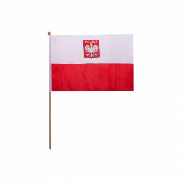 FLAGA POLSKI CHORĄGIEWKA GROT DREWNIANY BARWY ORZEŁ 11x16cm